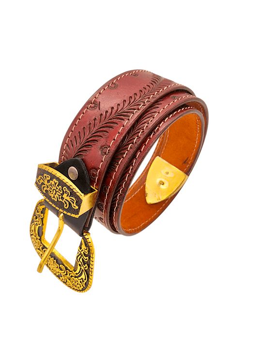 Handcrafted Western Tooled Leather Belt with Antique Brass Floral Buckle - HUSHAHIDE