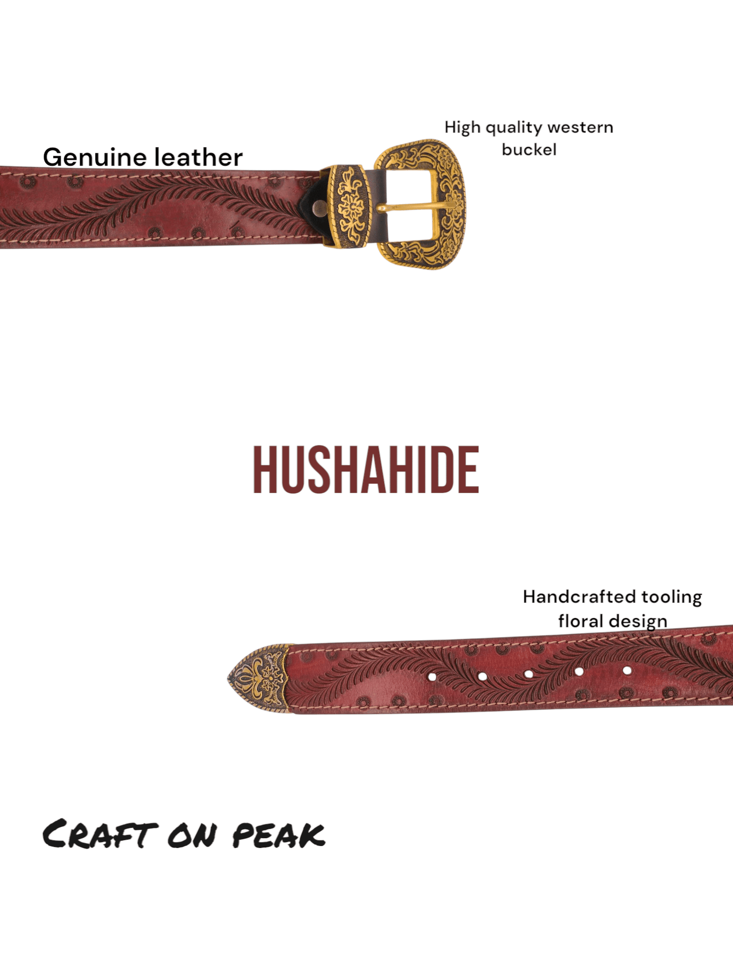 Handcrafted Western Tooled Leather Belt with Antique Brass Floral Buckle - HUSHAHIDE