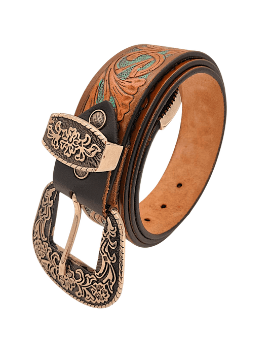 Handcrafted Western Tooled Leather Belt with Antique Brass Floral Buckle - HUSHAHIDE