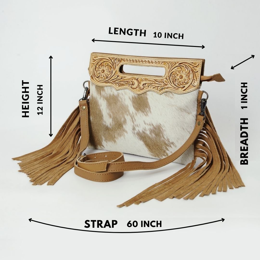 HushaHide Western Leather Sling Bag for Women | Handtooled Top & Hair - on Hide | Adjustable Strap - HUSHAHIDE