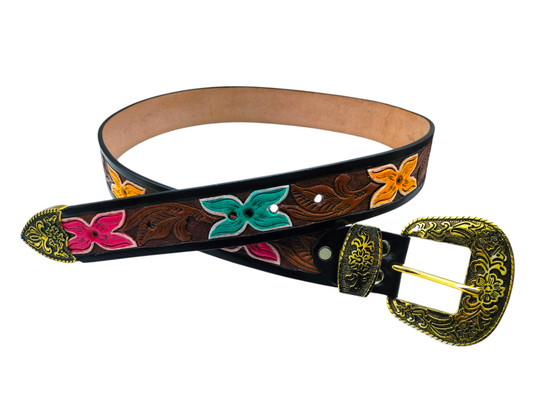 HUSHAHIDE Unisex Handcrafted Leather Belt | Floral Tooled Design with Antique Brass Buckle