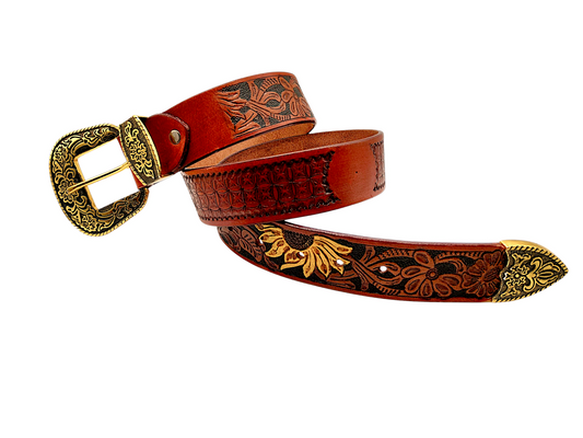 HushaHide Handcrafted Tooled Leather Belt for Men & Women – Vintage Floral Design with Antique Gold Buckle & Tip