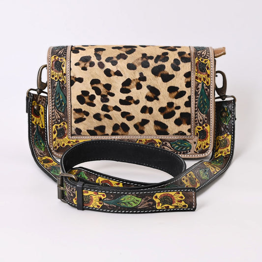 Handcrafted Leather Crossbody Bag – Leopard Print with Floral Tooled Strap - HUSHAHIDE