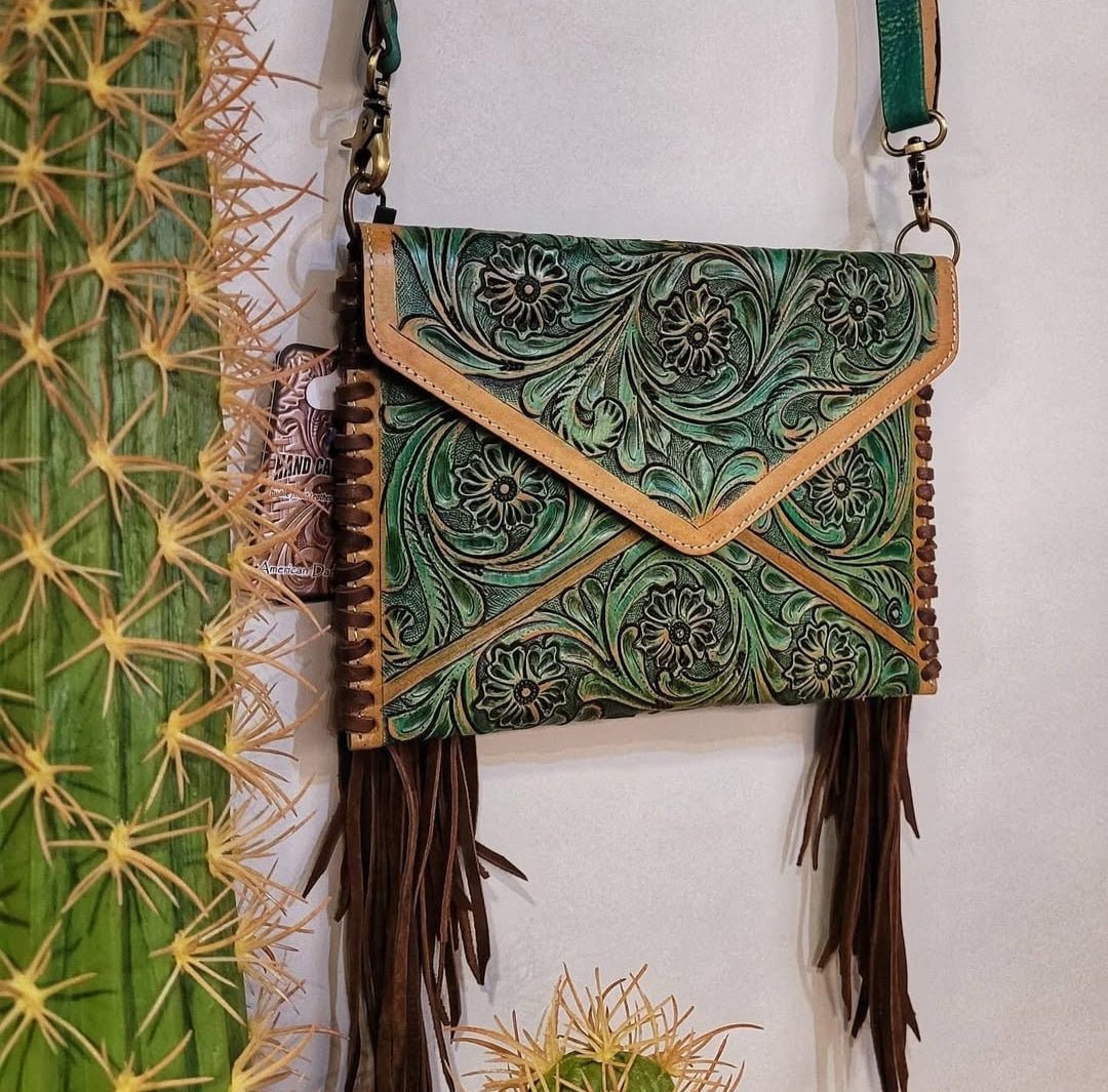 handcrafted leather crossbody bag with tooled floral design & finish - HUSHAHIDE