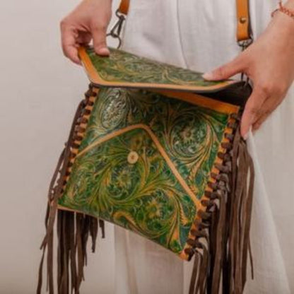 handcrafted leather crossbody bag with tooled floral design & finish - HUSHAHIDE