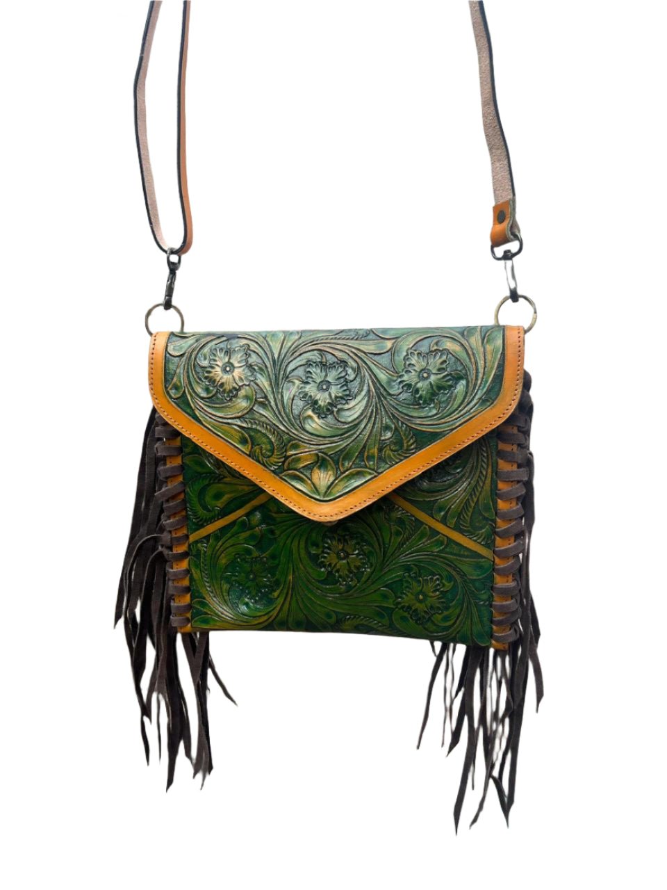 handcrafted leather crossbody bag with tooled floral design & finish - HUSHAHIDE