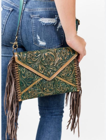 handcrafted leather crossbody bag with tooled floral design & finish - HUSHAHIDE