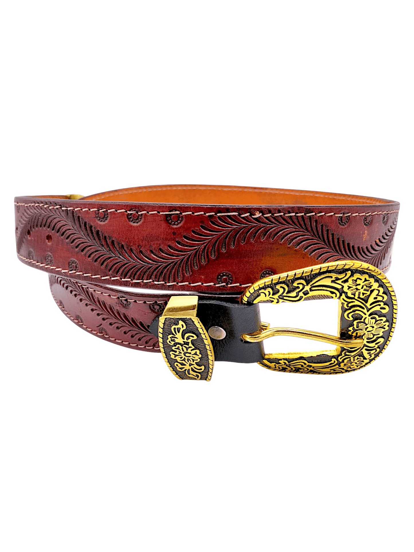 Handcrafted Western Tooled Leather Belt with Antique Brass Floral Buckle - HUSHAHIDE
