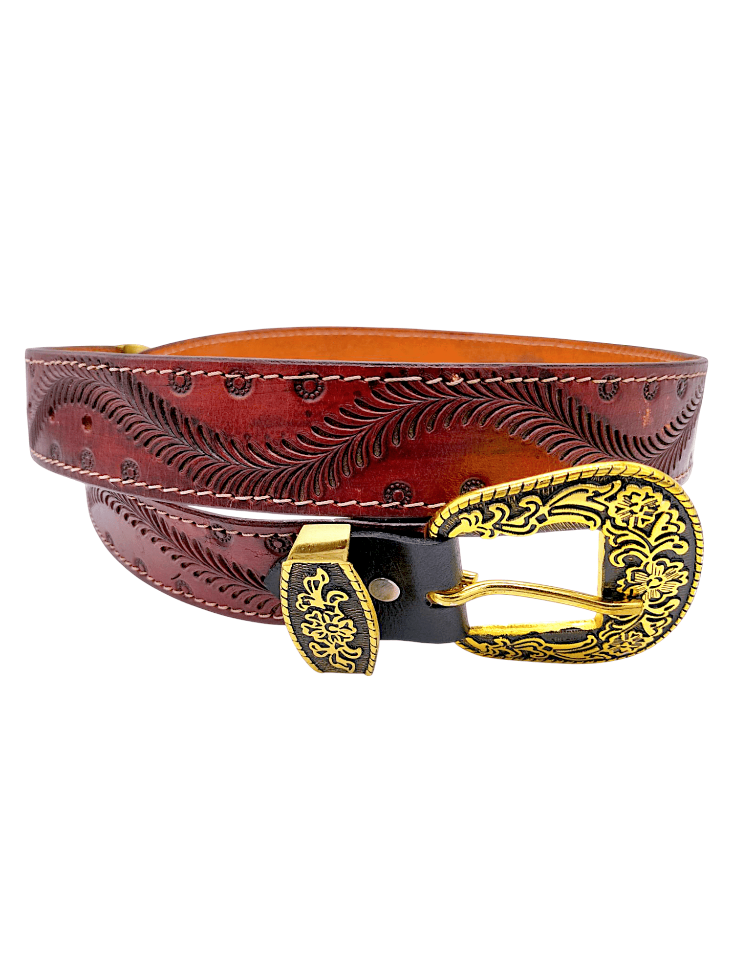 Handcrafted Western Tooled Leather Belt with Antique Brass Floral Buckle - HUSHAHIDE