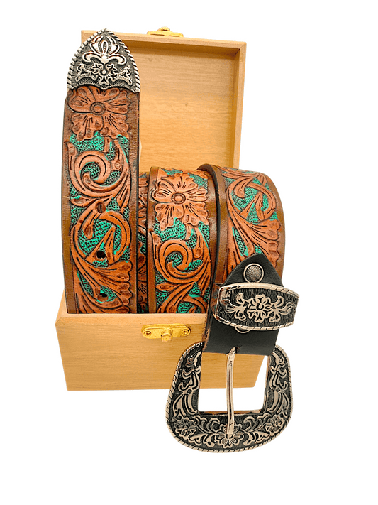 Handcrafted Western Tooled Leather Belt with Antique Brass Floral Buckle - HUSHAHIDE