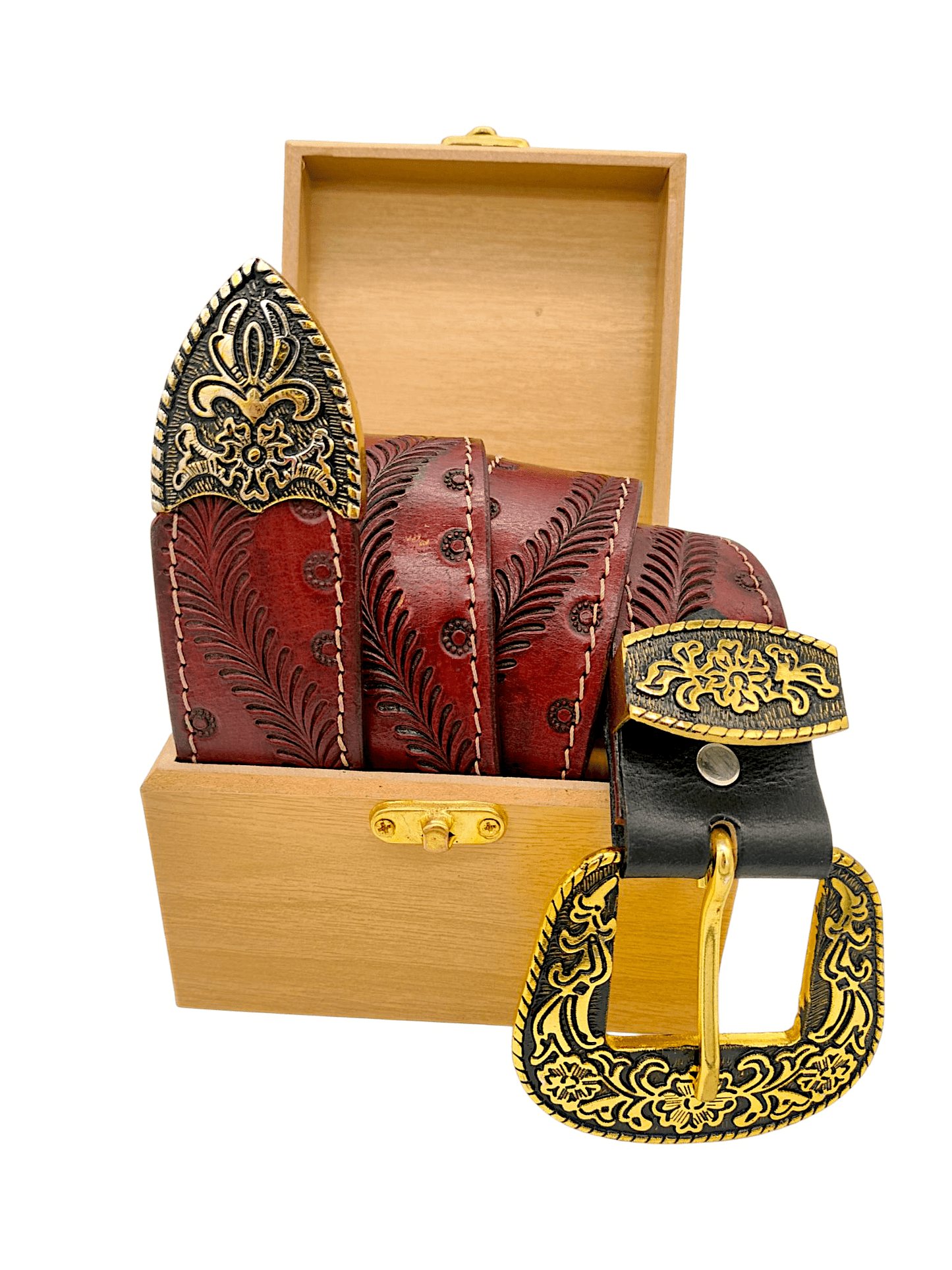 Handcrafted Western Tooled Leather Belt with Antique Brass Floral Buckle - HUSHAHIDE