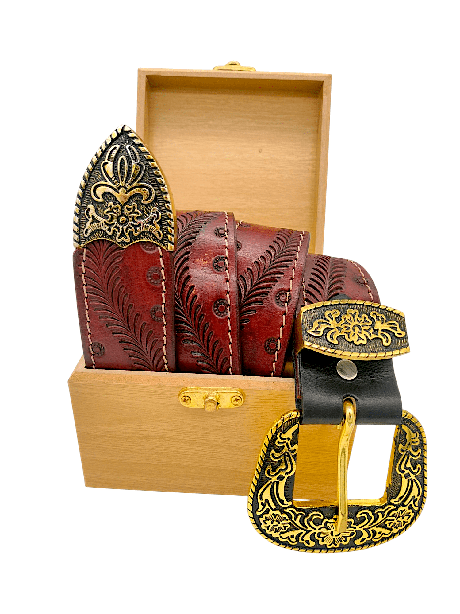 Handcrafted Western Tooled Leather Belt with Antique Brass Floral Buckle - HUSHAHIDE