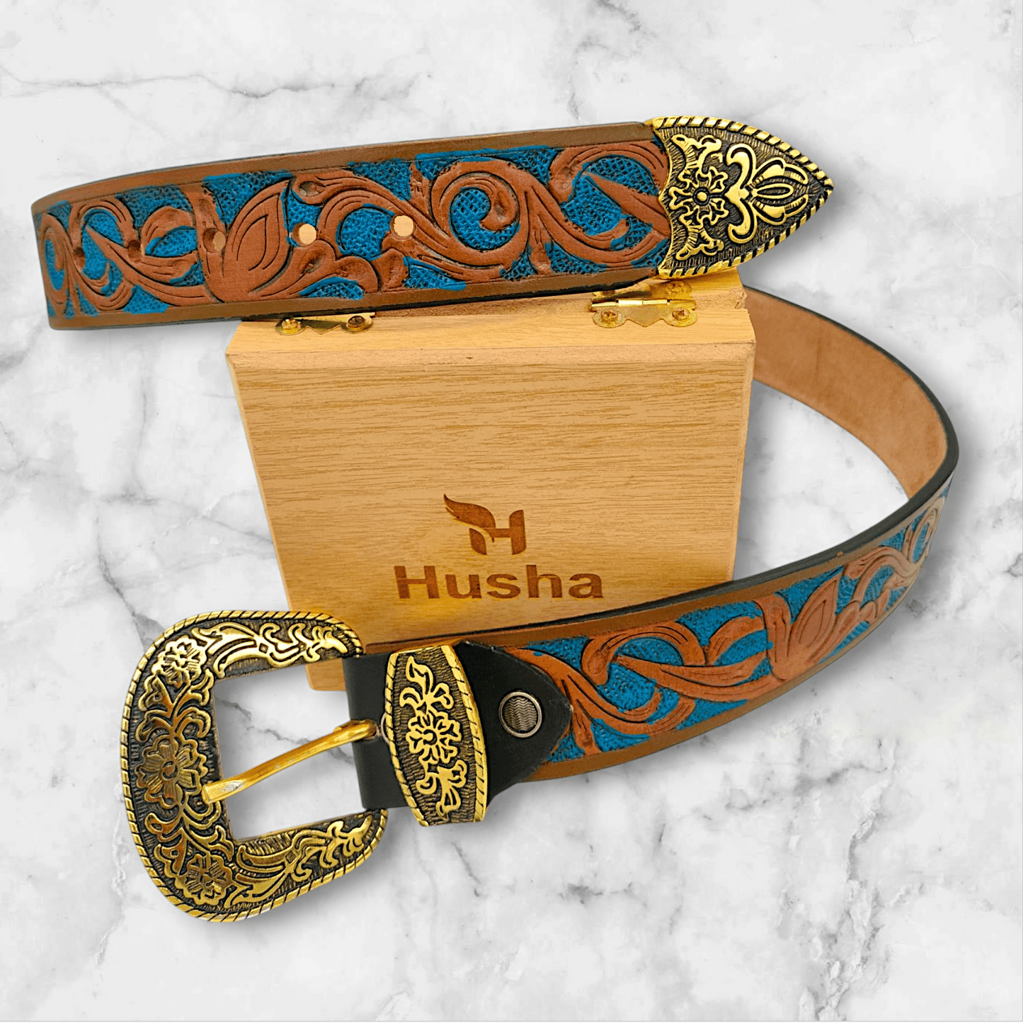 Handcrafted Western Tooled Leather Belt with Antique Brass Floral Buckle – Tan & Turquoise Design - HUSHAHIDE