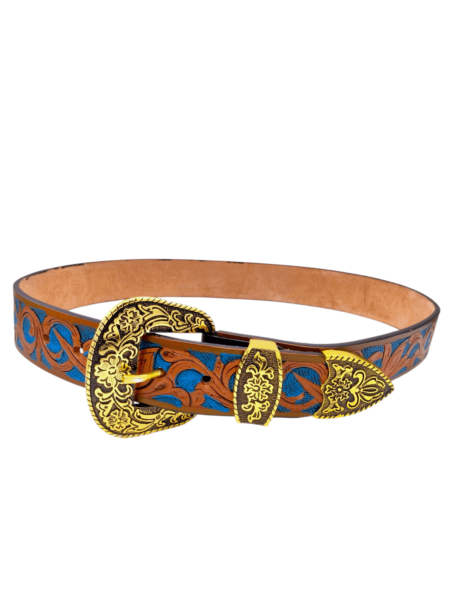 Handcrafted Western Tooled Leather Belt with Antique Brass Floral Buckle – Tan & Turquoise Design - HUSHAHIDE