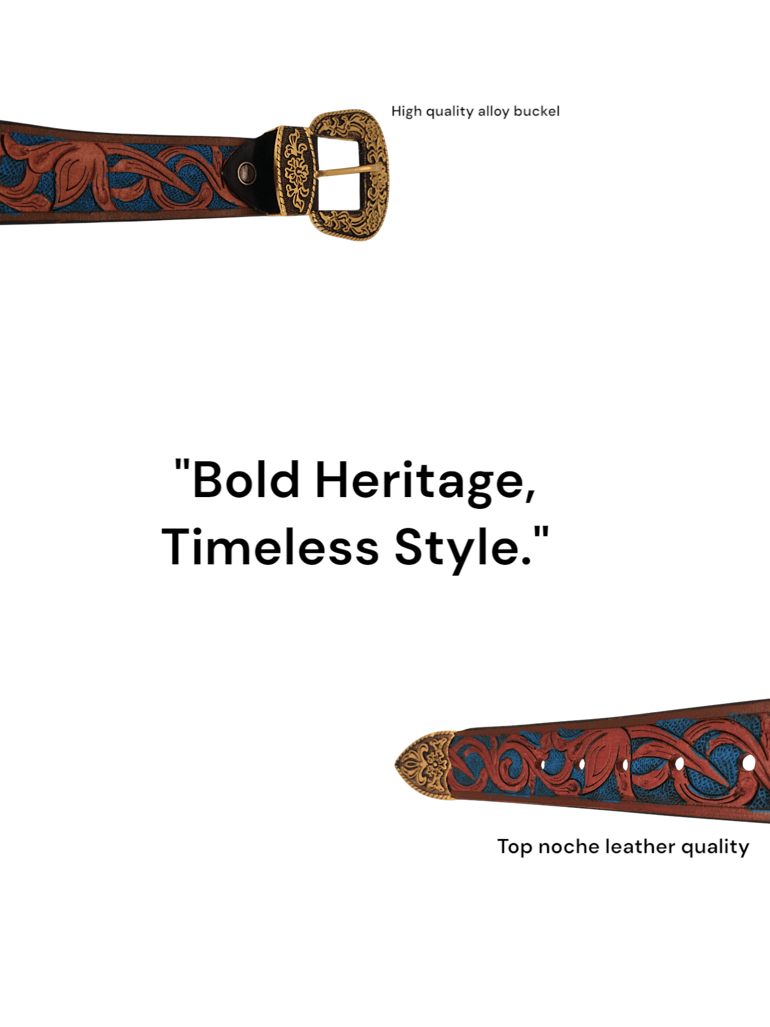 Handcrafted Western Tooled Leather Belt with Antique Brass Floral Buckle – Tan & Turquoise Design - HUSHAHIDE