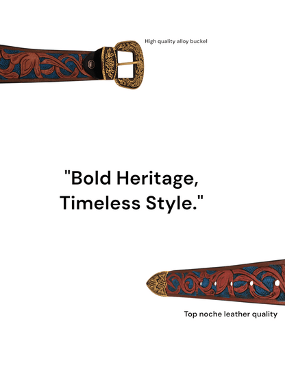 Handcrafted Western Tooled Leather Belt with Antique Brass Floral Buckle – Tan & Turquoise Design - HUSHAHIDE