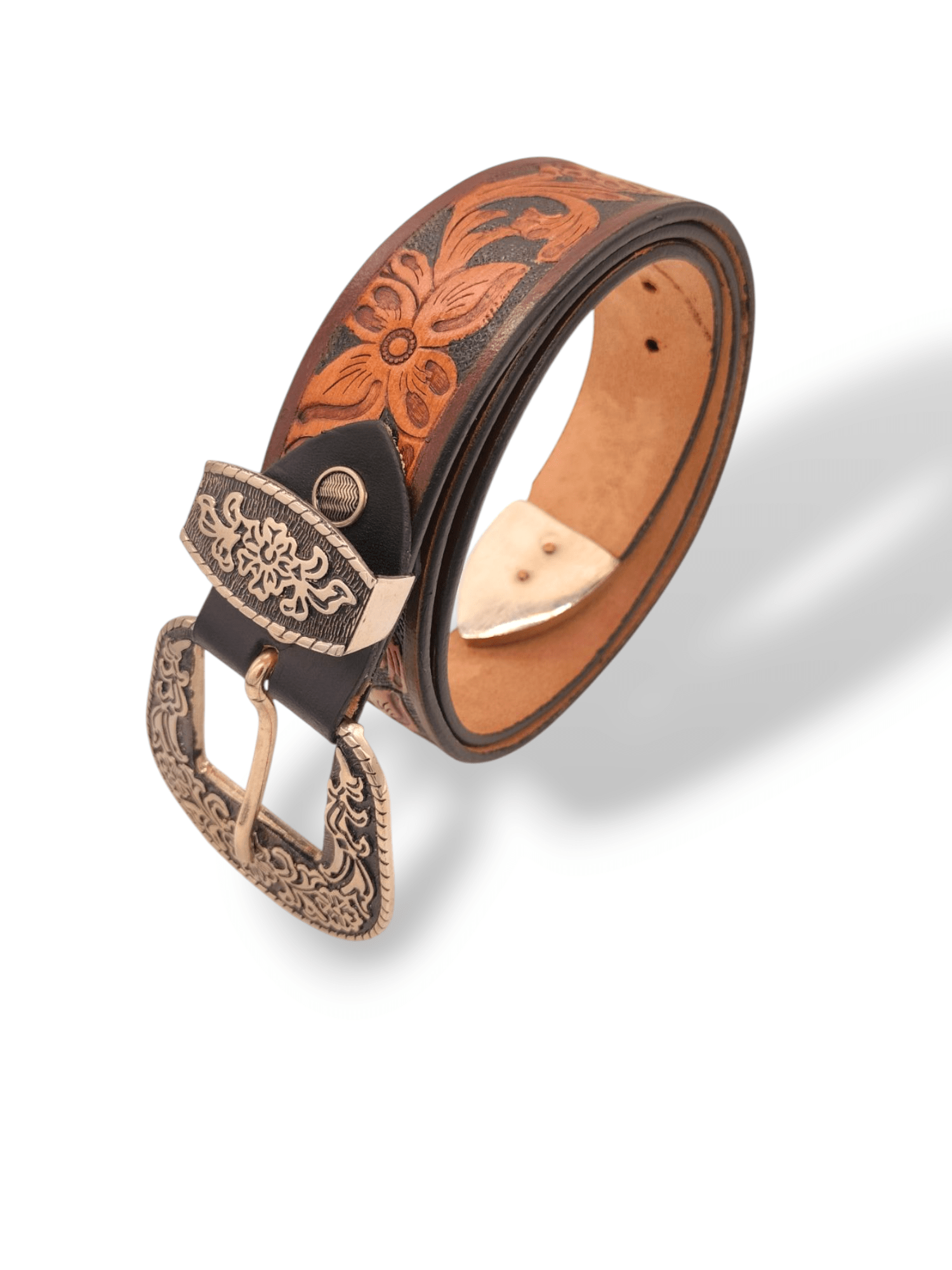 Handcrafted Western Tooled Leather Belt with Antique Brass Floral Buckle – Tan & Turquoise Design - HUSHAHIDE
