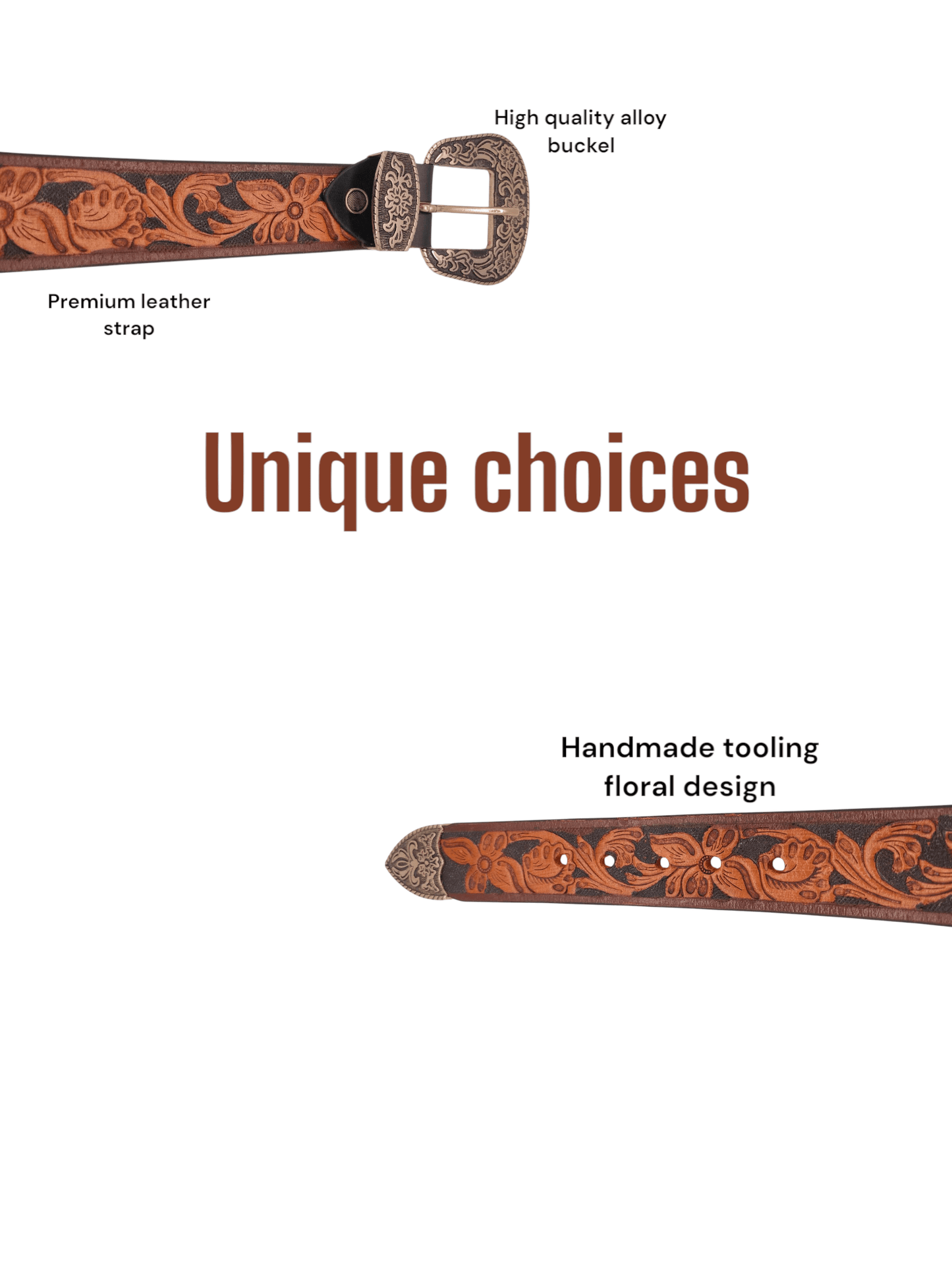 Handcrafted Western Tooled Leather Belt with Antique Brass Floral Buckle – Tan & Turquoise Design - HUSHAHIDE