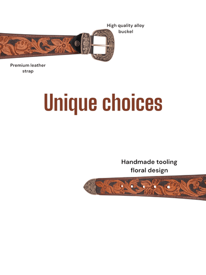 Handcrafted Western Tooled Leather Belt with Antique Brass Floral Buckle – Tan & Turquoise Design - HUSHAHIDE