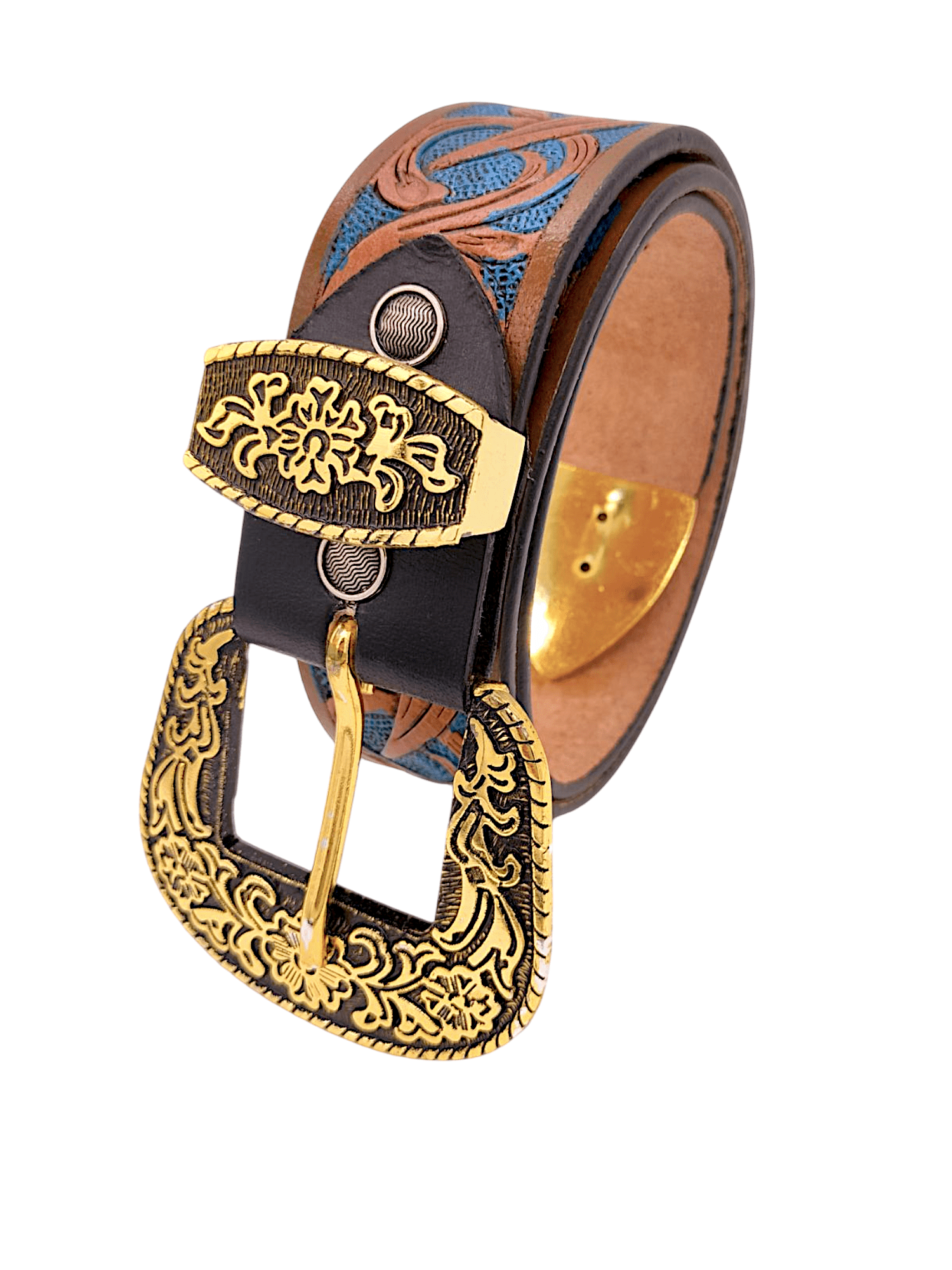 Handcrafted Western Tooled Leather Belt with Antique Brass Floral Buckle – Tan & Turquoise Design - HUSHAHIDE