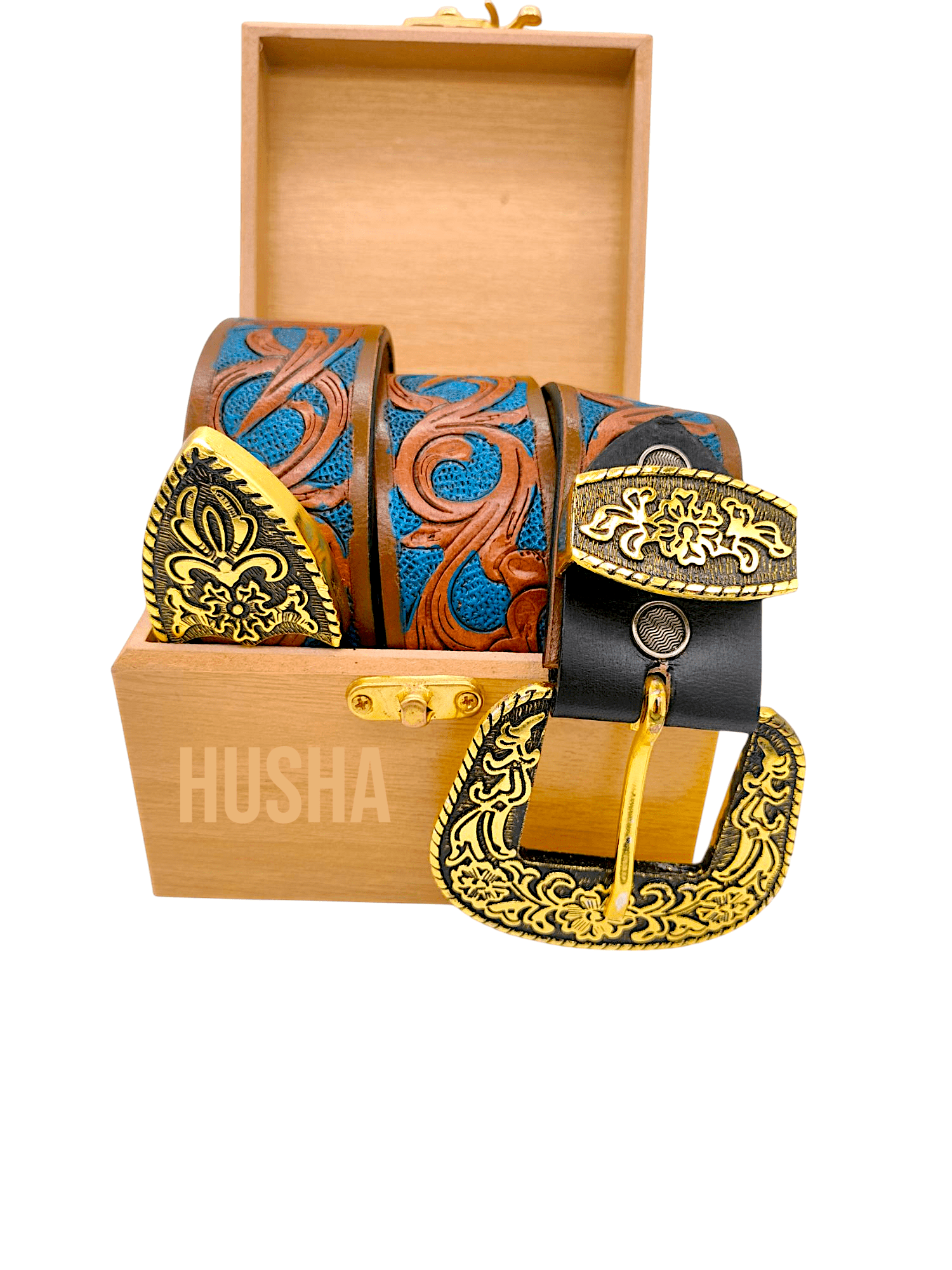 Handcrafted Western Tooled Leather Belt with Antique Brass Floral Buckle – Tan & Turquoise Design - HUSHAHIDE