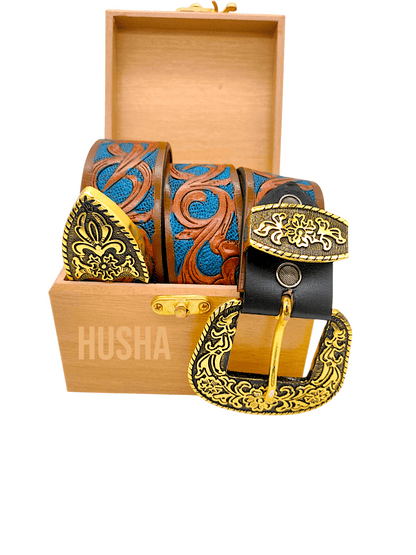 Handcrafted Western Tooled Leather Belt with Antique Brass Floral Buckle – Tan & Turquoise Design - HUSHAHIDE