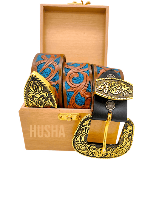 Handcrafted Western Tooled Leather Belt with Antique Brass Floral Buckle – Tan & Turquoise Design - HUSHAHIDE