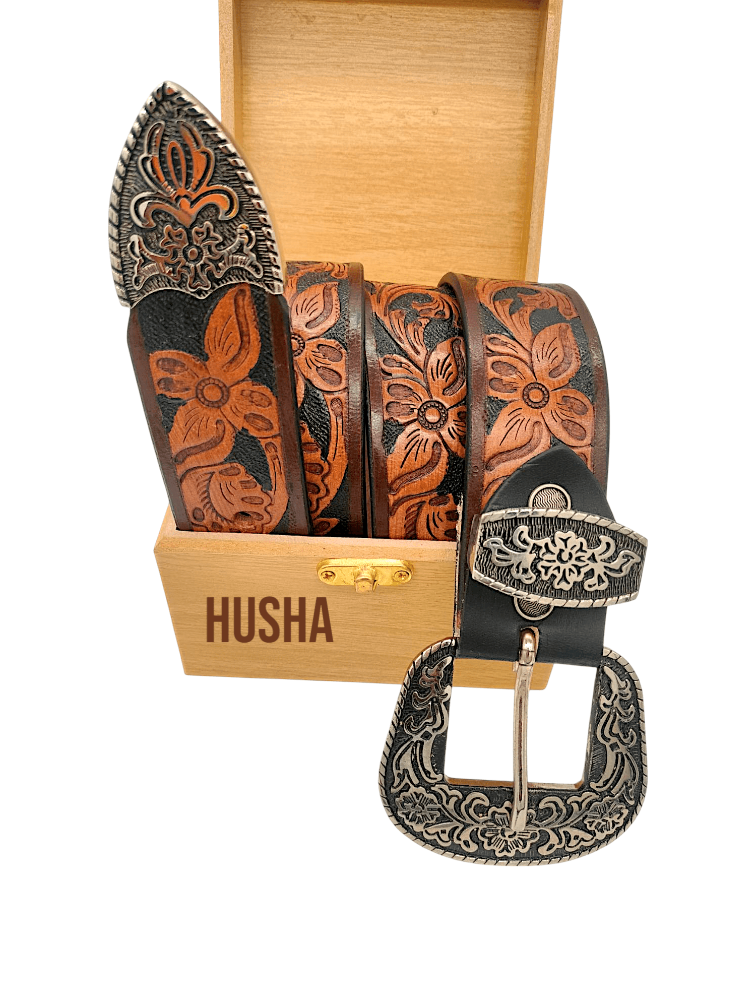 Handcrafted Western Tooled Leather Belt with Antique Brass Floral Buckle – Tan & Turquoise Design - HUSHAHIDE