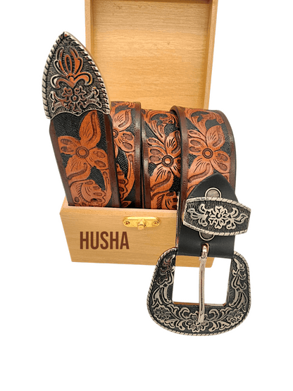 Handcrafted Western Tooled Leather Belt with Antique Brass Floral Buckle – Tan & Turquoise Design - HUSHAHIDE