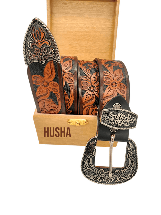 Handcrafted Western Tooled Leather Belt with Antique Brass Floral Buckle – Tan & Turquoise Design - HUSHAHIDE