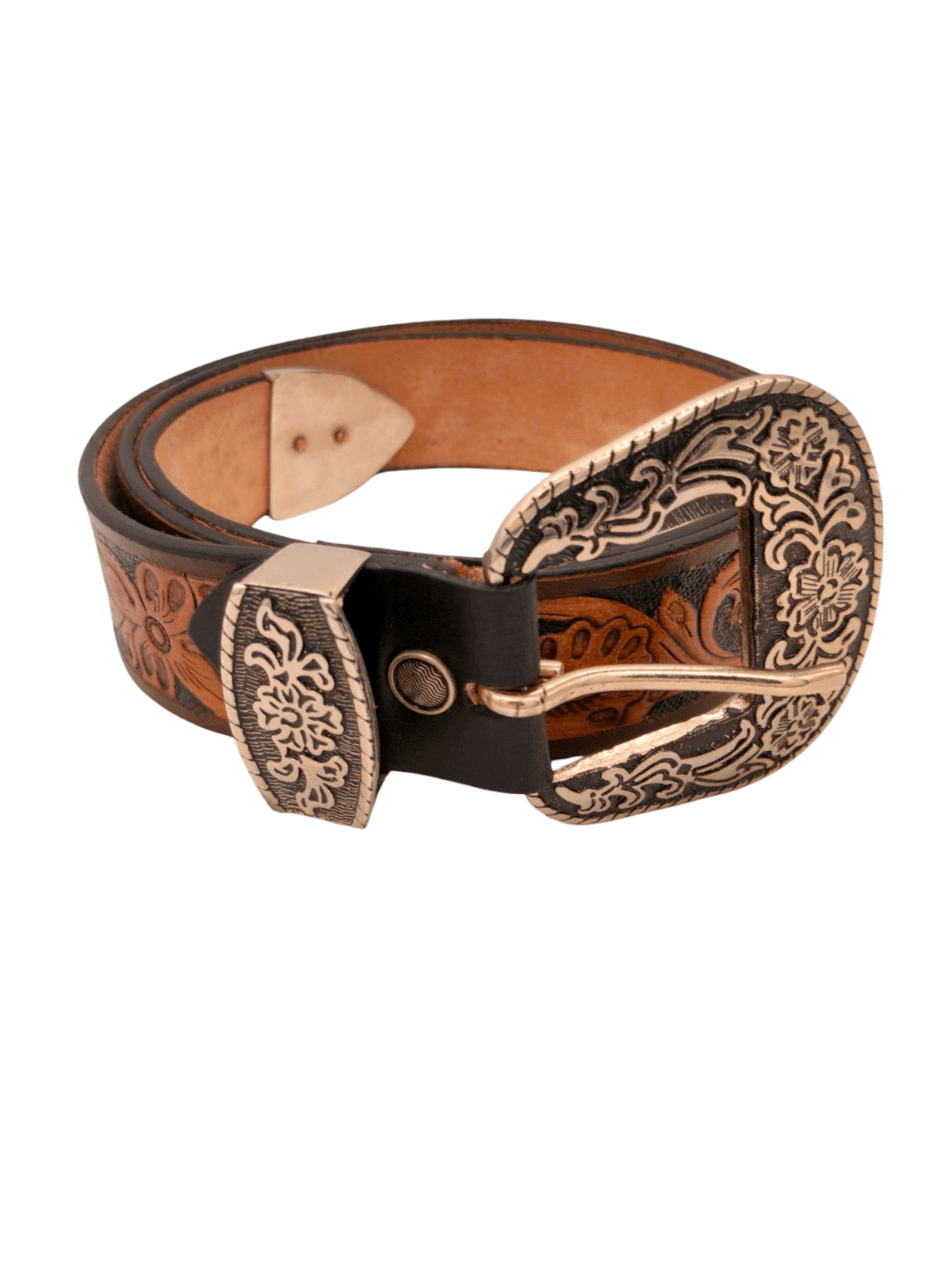 Handcrafted Western Tooled Leather Belt with Antique Brass Floral Buckle – Tan & Turquoise Design - HUSHAHIDE
