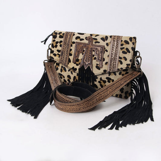 Hushahide Boho Western Fringe Crossbody Bag – Leopard Print with Tooled Leather & Adjustable Strap - HUSHAHIDE
