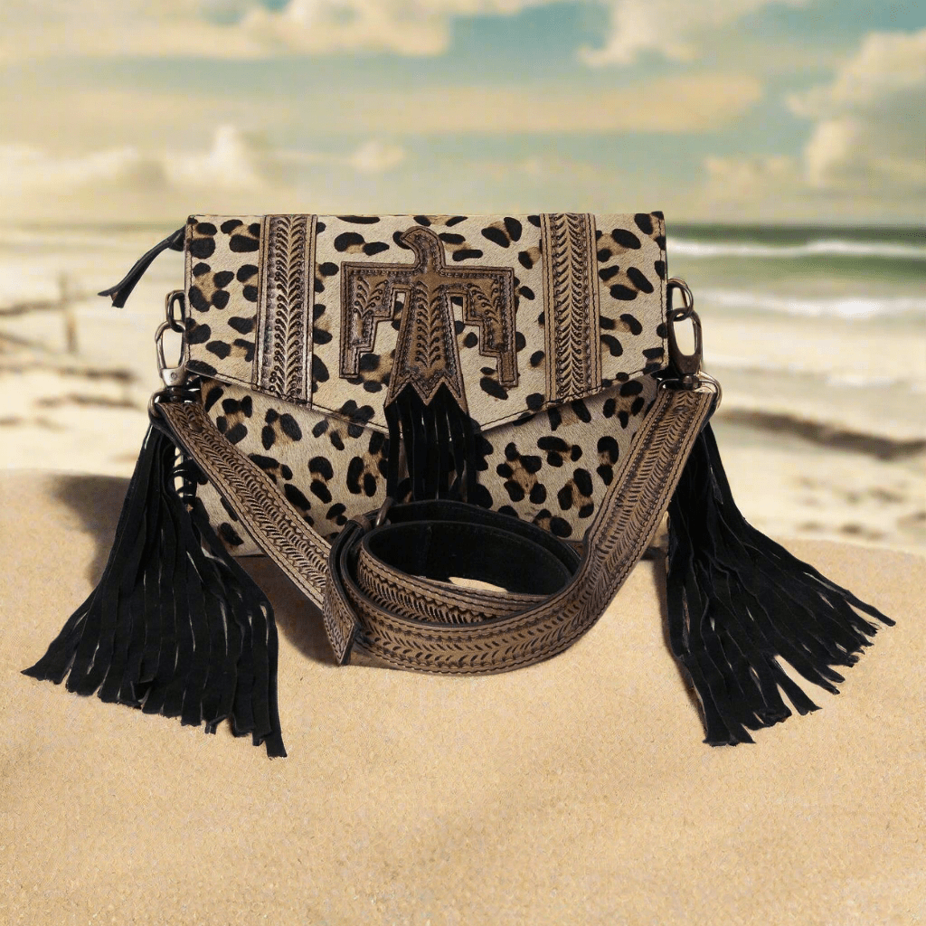 Hushahide Boho Western Fringe Crossbody Bag – Leopard Print with Tooled Leather & Adjustable Strap - HUSHAHIDE