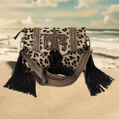 Hushahide Boho Western Fringe Crossbody Bag – Leopard Print with Tooled Leather & Adjustable Strap - HUSHAHIDE