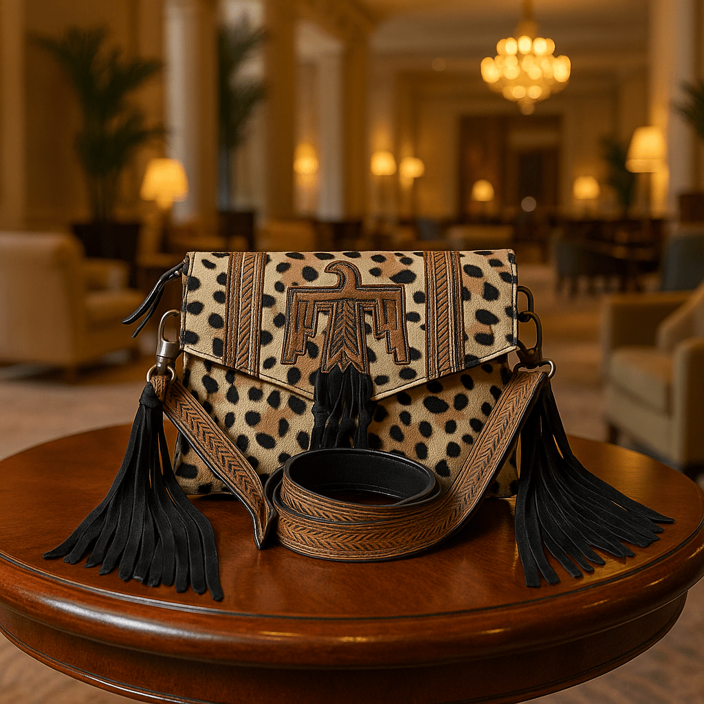 Hushahide Boho Western Fringe Crossbody Bag – Leopard Print with Tooled Leather & Adjustable Strap - HUSHAHIDE
