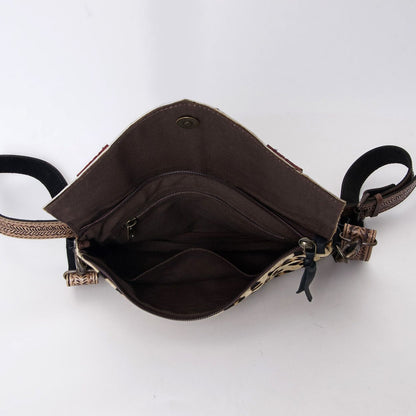 Hushahide Boho Western Fringe Crossbody Bag – Leopard Print with Tooled Leather & Adjustable Strap - HUSHAHIDE