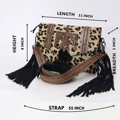 Hushahide Boho Western Fringe Crossbody Bag – Leopard Print with Tooled Leather & Adjustable Strap - HUSHAHIDE
