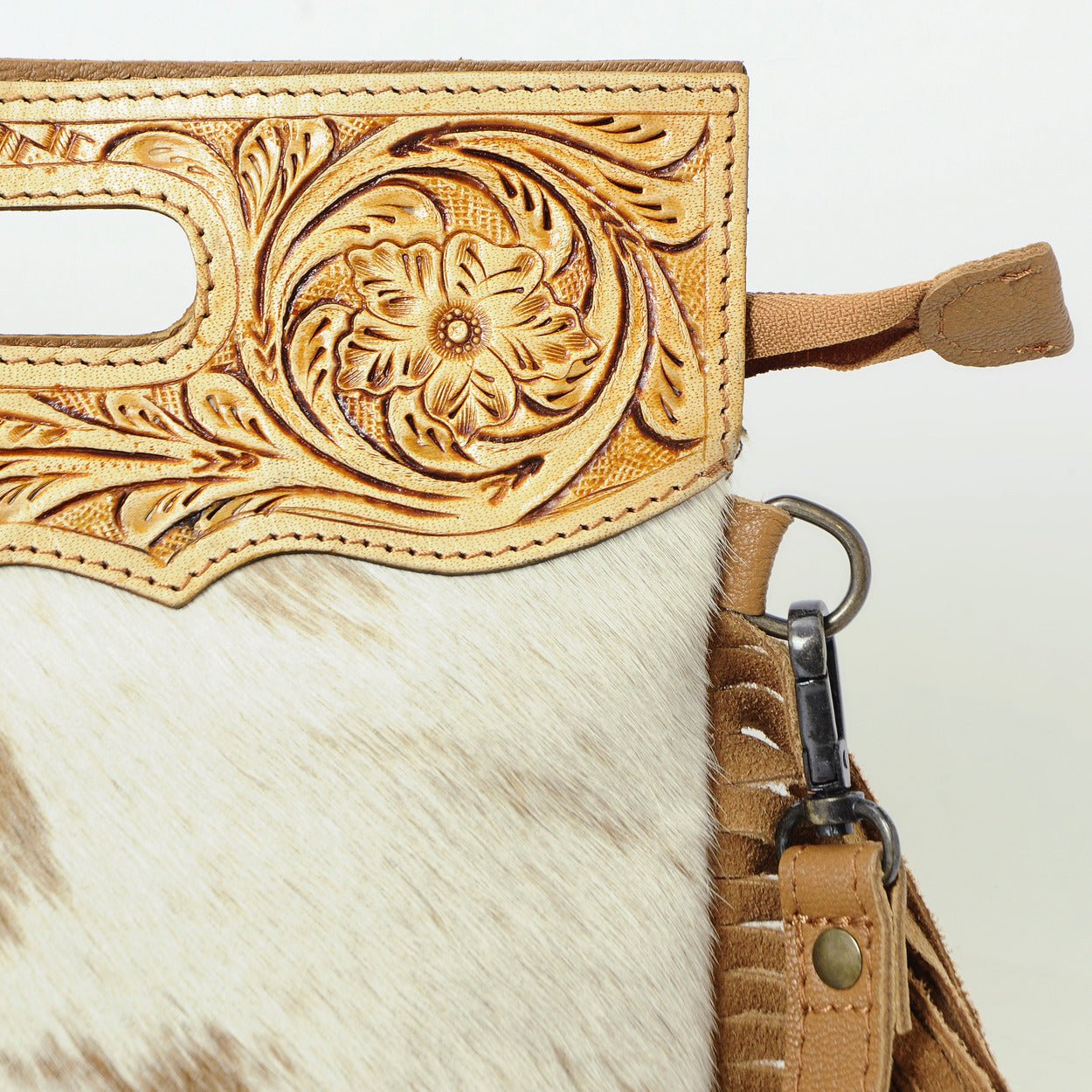 HushaHide Western Leather Sling Bag for Women | Handtooled Top & Hair - on Hide | Adjustable Strap - HUSHAHIDE