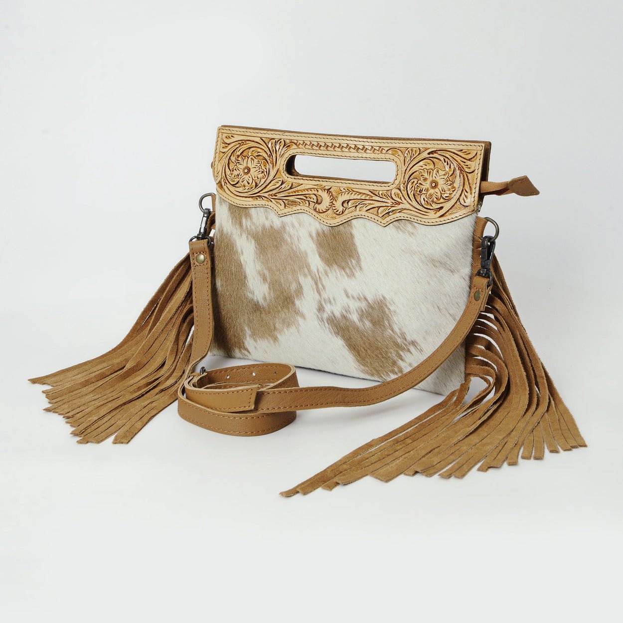 HushaHide Western Leather Sling Bag for Women | Handtooled Top & Hair - on Hide | Adjustable Strap - HUSHAHIDE
