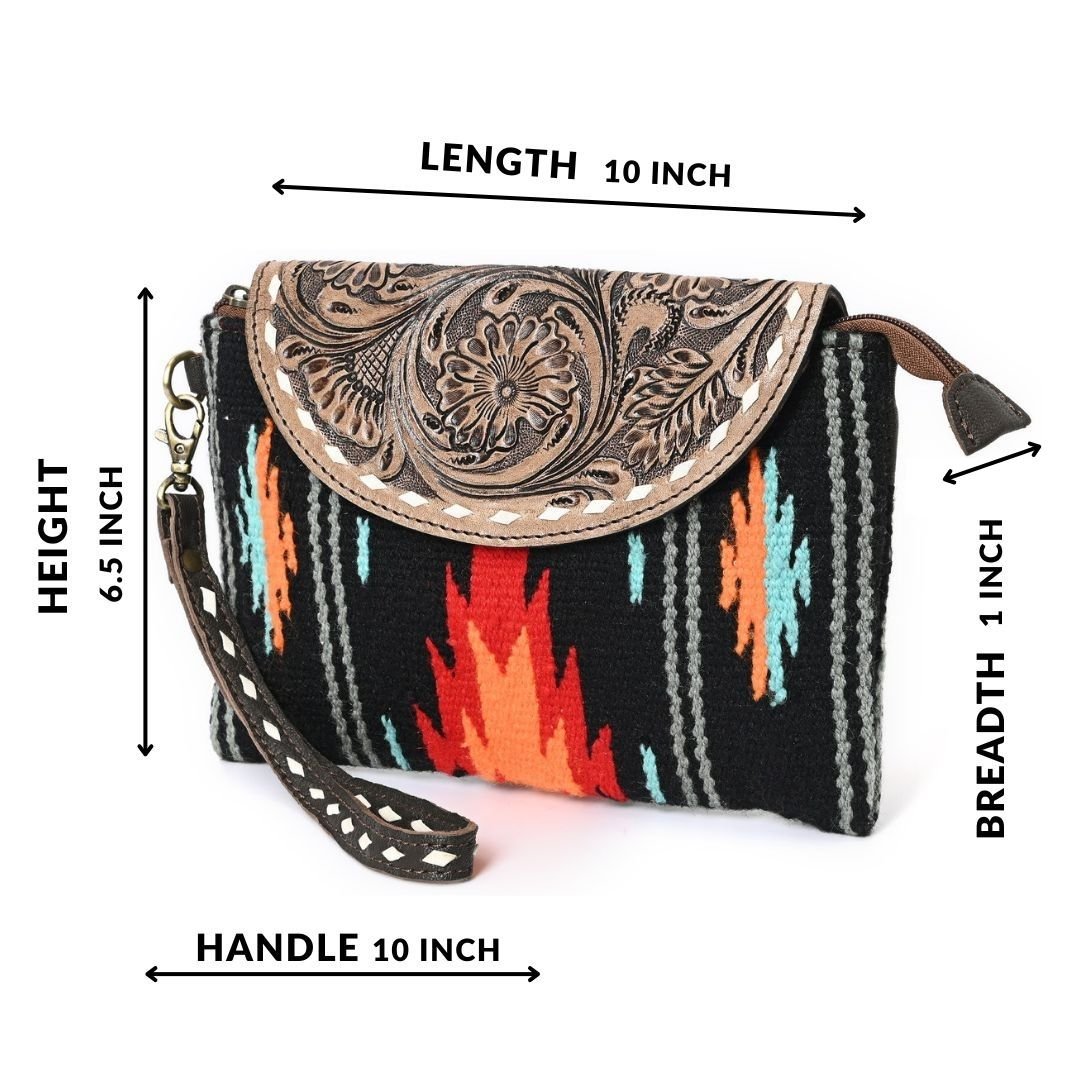 HushaHide Women's Western Sling Clutch – Handcrafted Tooled Leather Flap | Ethnic Wool Body | Multicolor Design - HUSHAHIDE