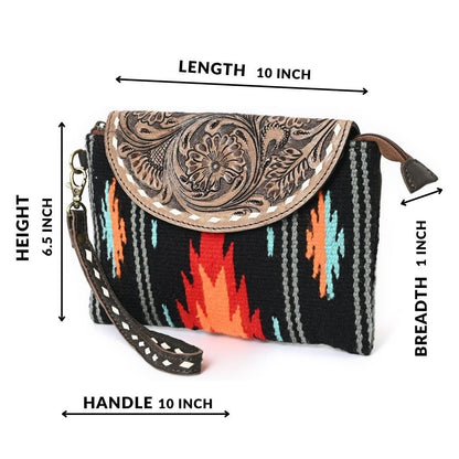 HushaHide Women's Western Sling Clutch – Handcrafted Tooled Leather Flap | Ethnic Wool Body | Multicolor Design - HUSHAHIDE