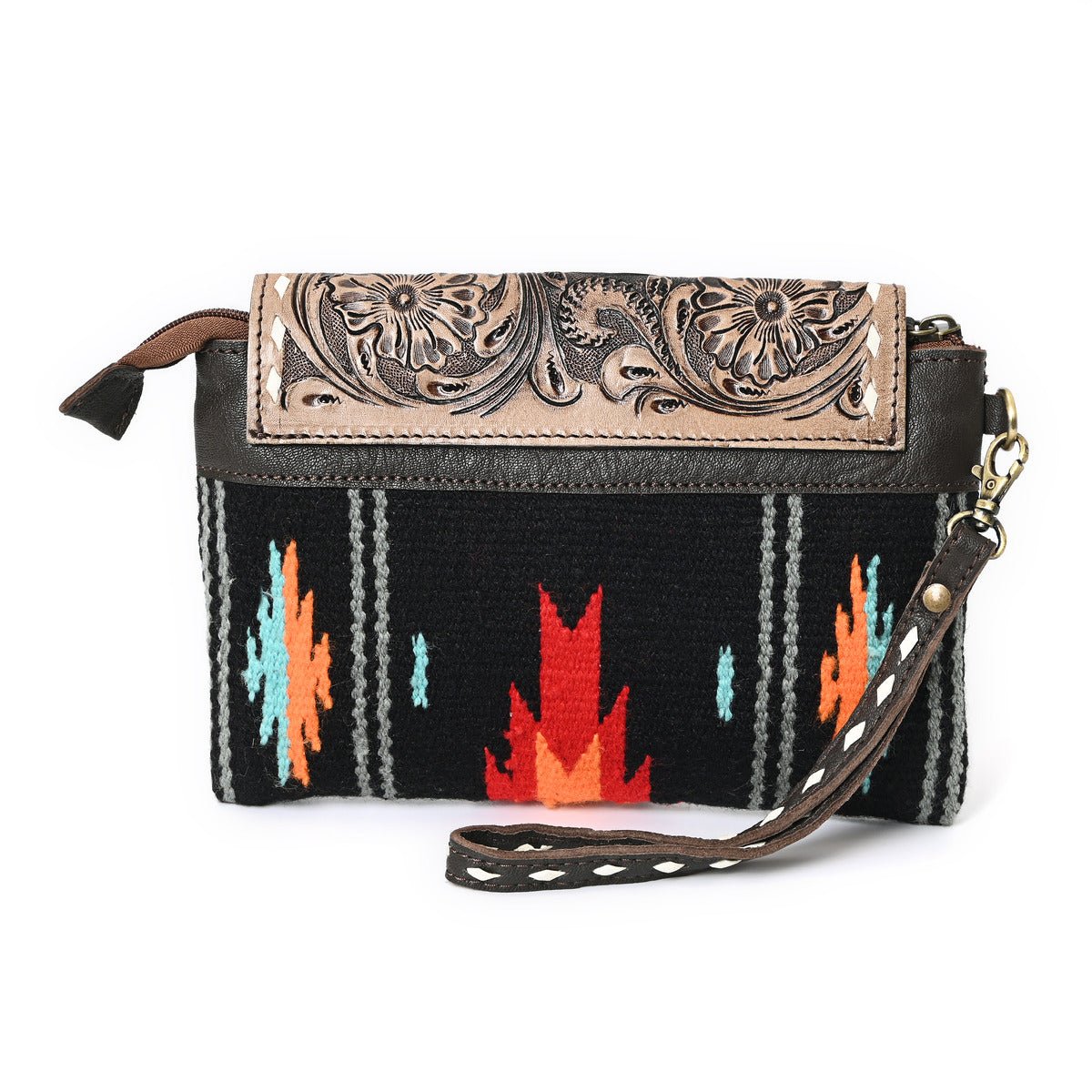 HushaHide Women's Western Sling Clutch – Handcrafted Tooled Leather Flap | Ethnic Wool Body | Multicolor Design - HUSHAHIDE