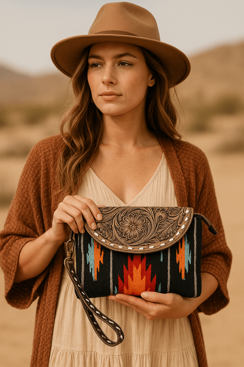 HushaHide Women's Western Sling Clutch – Handcrafted Tooled Leather Flap | Ethnic Wool Body | Multicolor Design - HUSHAHIDE
