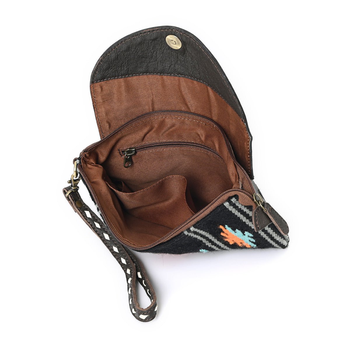 HushaHide Women's Western Sling Clutch – Handcrafted Tooled Leather Flap | Ethnic Wool Body | Multicolor Design - HUSHAHIDE