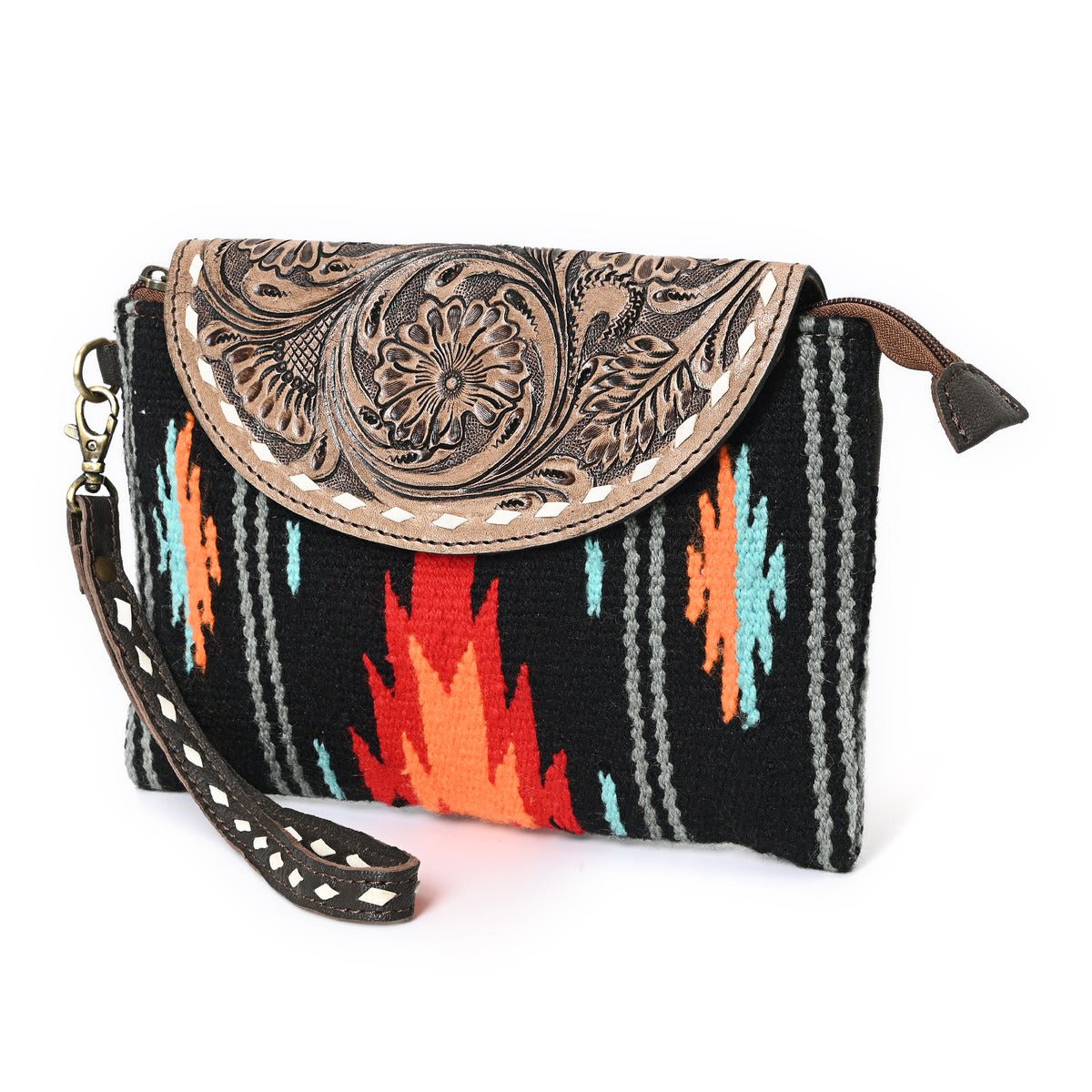 HushaHide Women's Western Sling Clutch – Handcrafted Tooled Leather Flap | Ethnic Wool Body | Multicolor Design - HUSHAHIDE