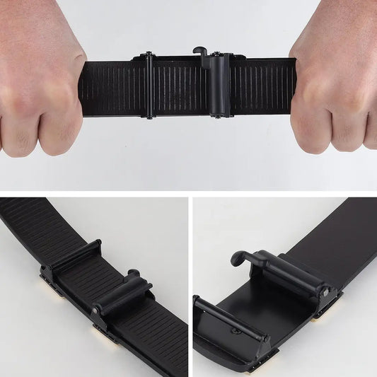Hushahide Men's Automatic Ratchet Belt – Black PU Strap with Premium H-Shaped Metal Buckle, Adjustable Size