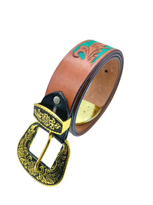 HushaHide Handcrafted Genuine Leather Belt with Antique Gold Floral Buckle | Western Tooling Design | Unisex Adjustable Fit