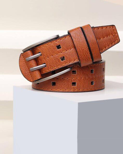 HUSHAHIDE Tan PU Leather Belt for Men | Stylish Casual & Formal Belt with Silver Double Pin Buckle | Vegan Friendly