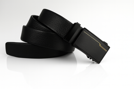 HUSHAHIDE Men's PU Leather Auto Lock Belt | Stylish Black Adjustable Formal Belt with Elegant Buckle (48 Inches)