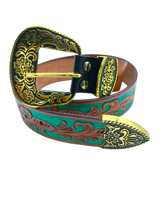 HushaHide Handcrafted Genuine Leather Belt with Antique Gold Floral Buckle | Western Tooling Design | Unisex Adjustable Fit
